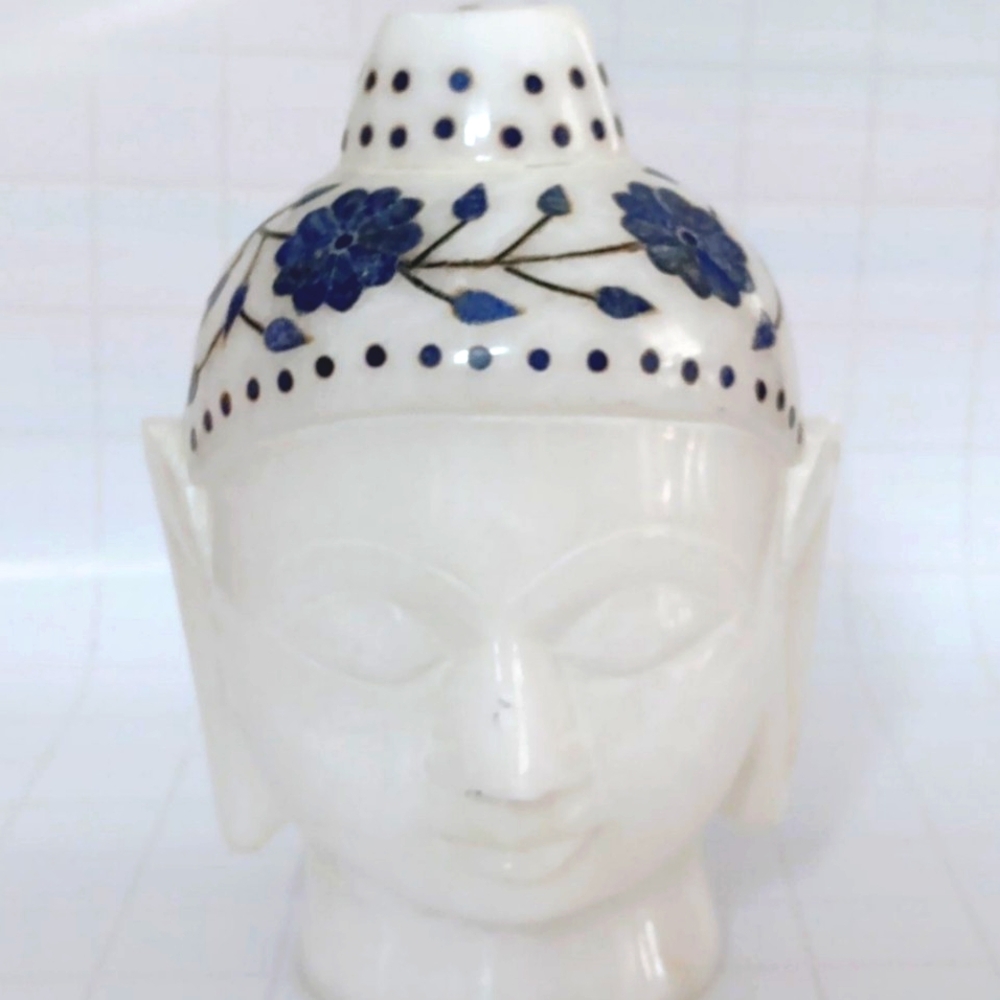 White Marble Buddha Head with Blue Floral Design